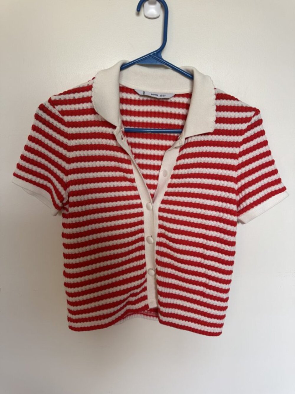 Mango MNG Red & Cream Striped Textured Knit Polo Top S